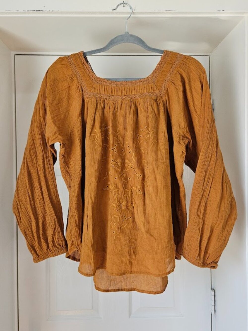 Forgotten Grace Mustard Peasant Cottagecore Blouse Lace Floral Shirt Top Cotton